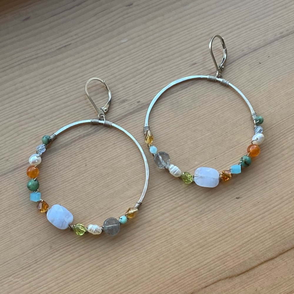 Sterling Silver Multicolor Beaded Hoop Earrings